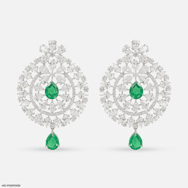 Emerald Mandala Drops Earrings 14K White Gold