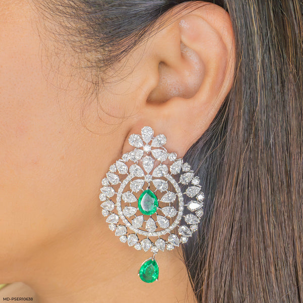 Emerald Mandala Drops Earrings 14K White Gold