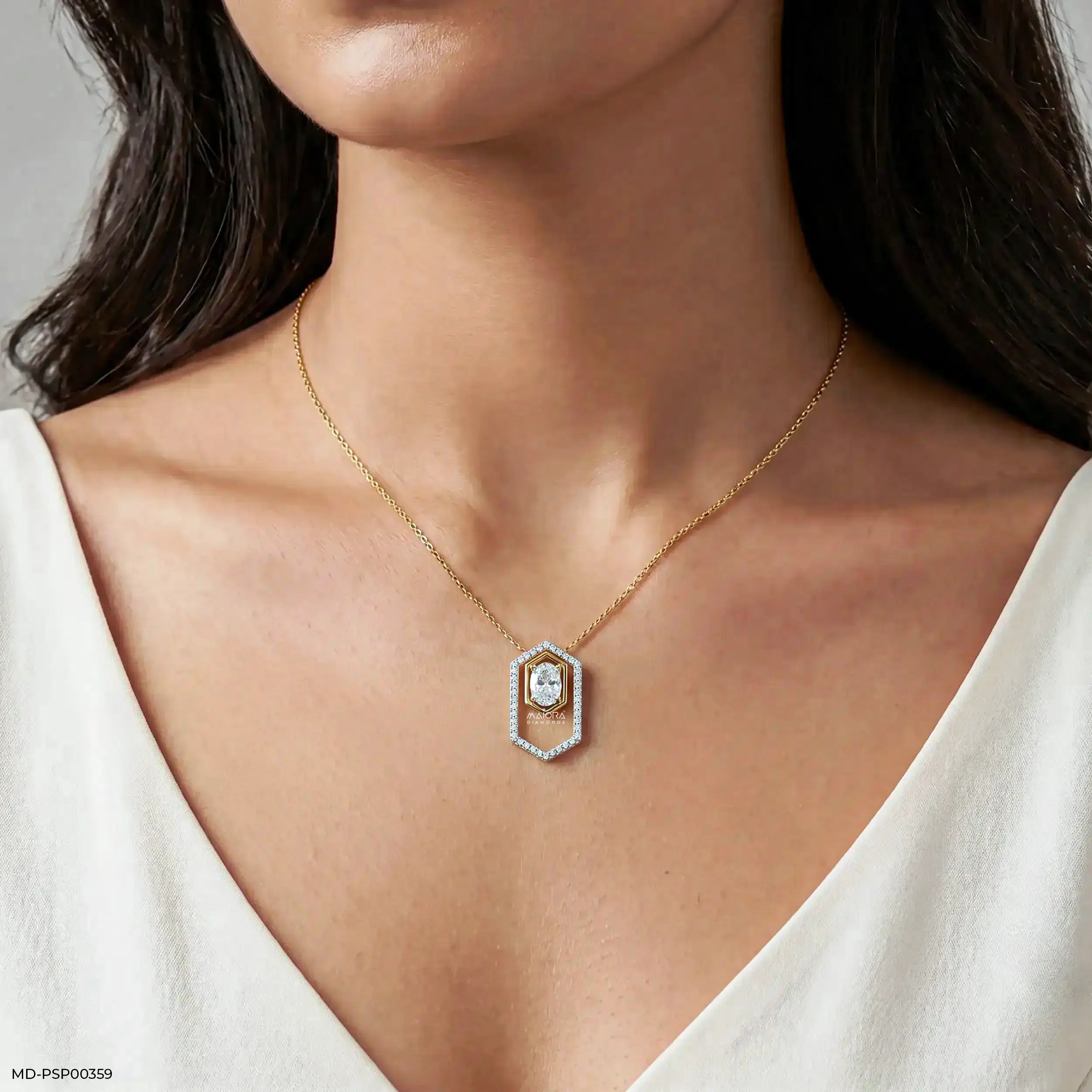 Stylish Hexa Oval Solitaire Diamond Pendant