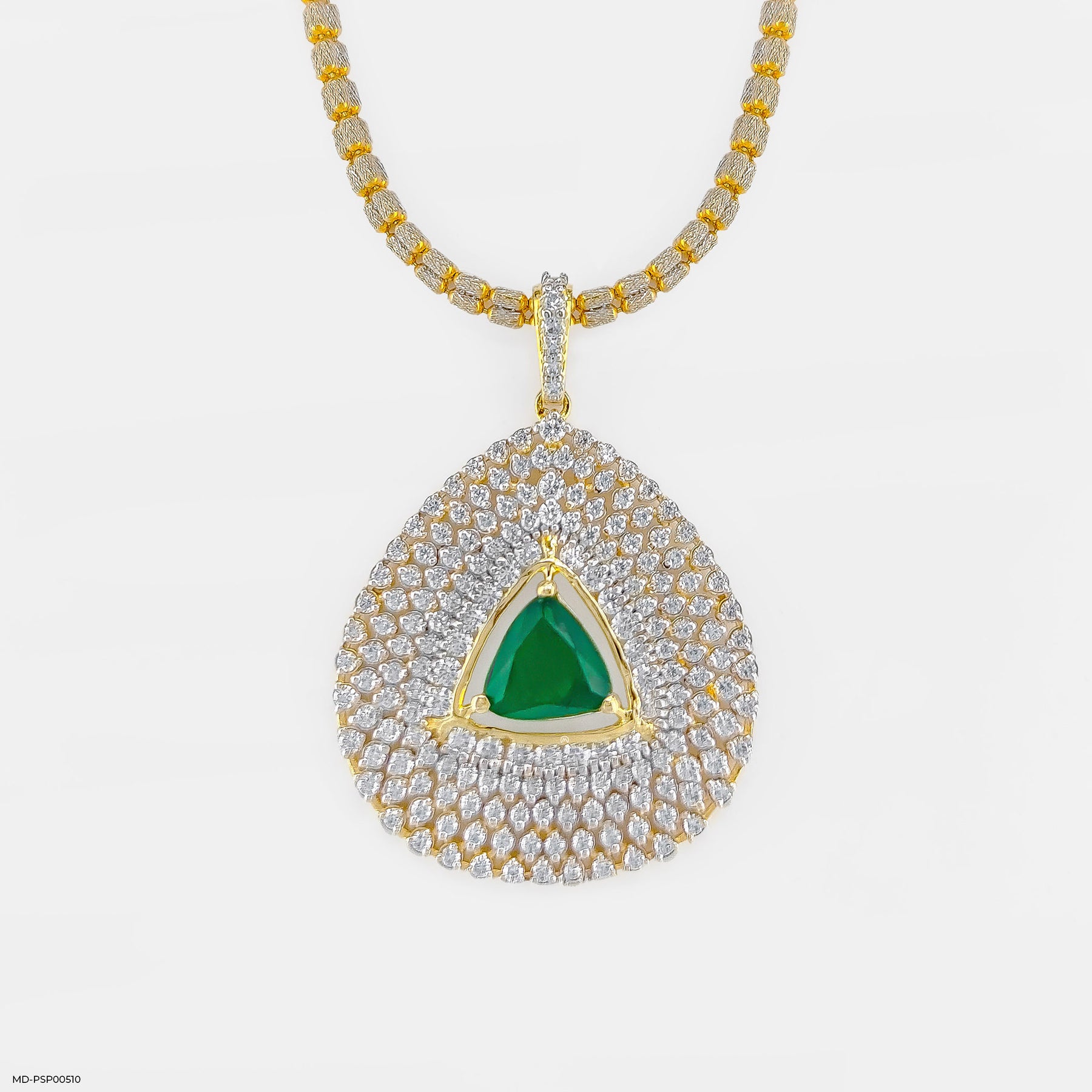 Inverted Pear with Triangle Emerald Pendant 14K White Gold