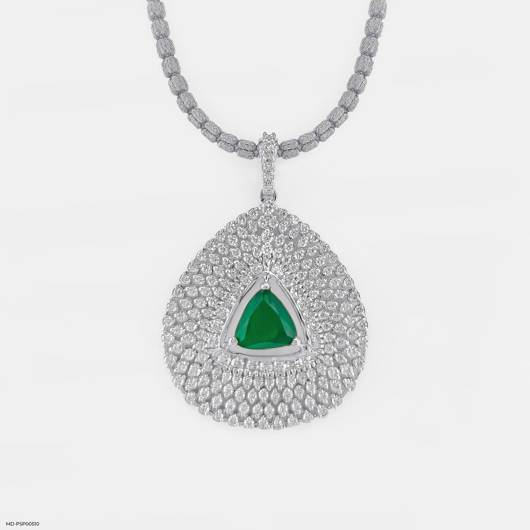 Inverted Pear with Triangle Emerald Pendant 14K White Gold