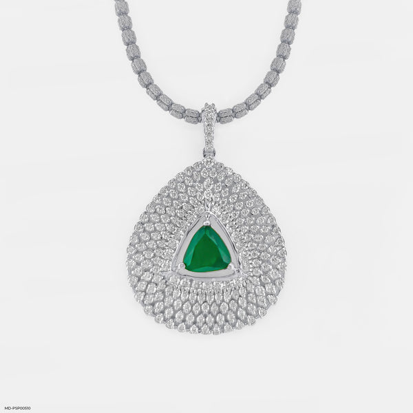 Inverted Pear with Triangle Emerald Pendant 18K White Gold