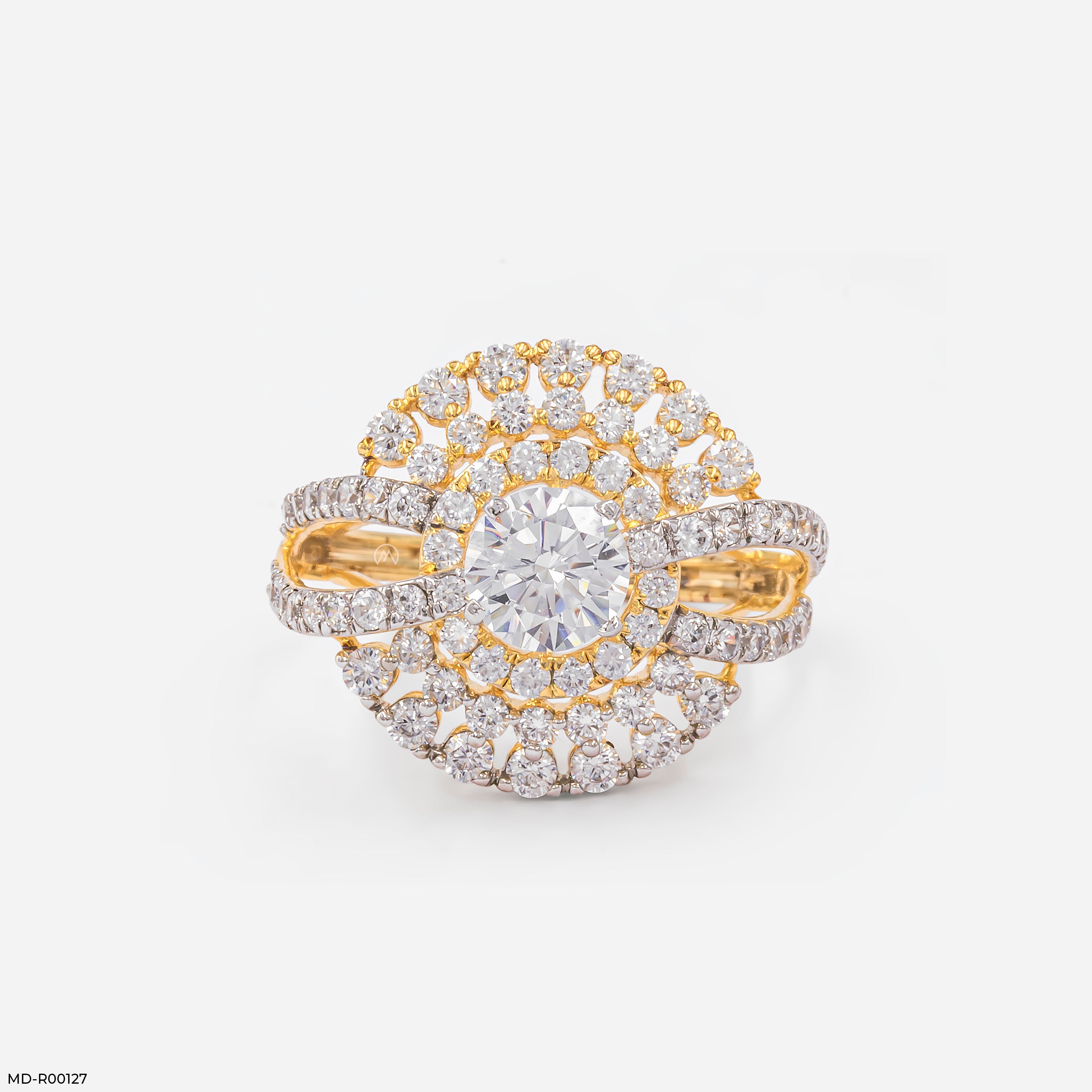 Double Row Pave Sunburst Ring 14K Yellow Gold