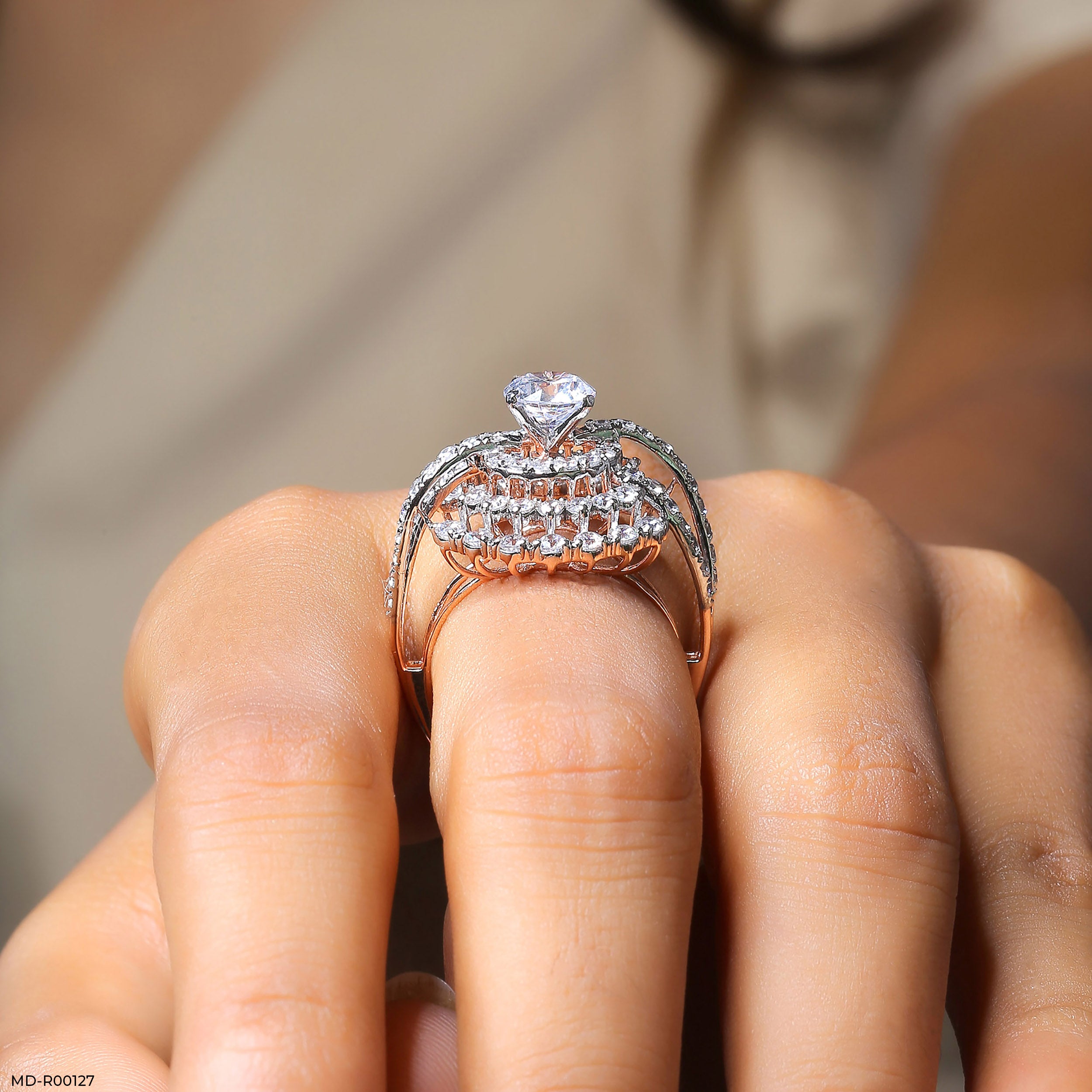 Double Row Pave Sunburst Ring 9K Rose Gold