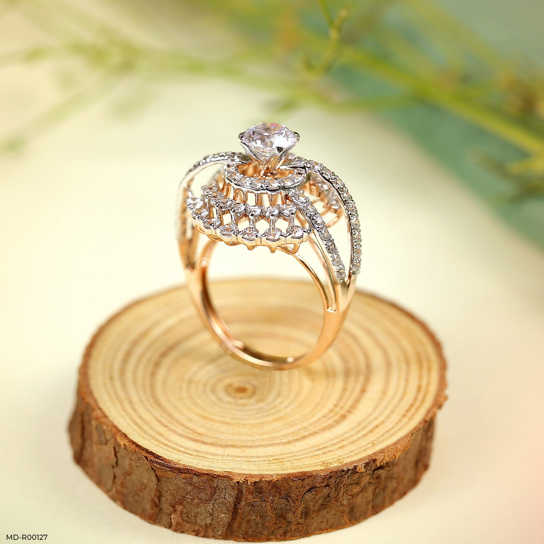 Double Row Pave Sunburst Ring 14K Yellow Gold