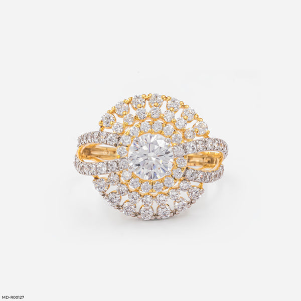 Double Row Pave Sunburst Ring 14K Yellow Gold