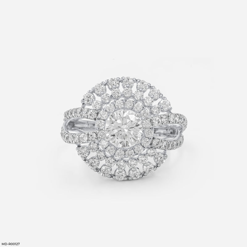 Double Row Pave Sunburst Ring 18K White Gold