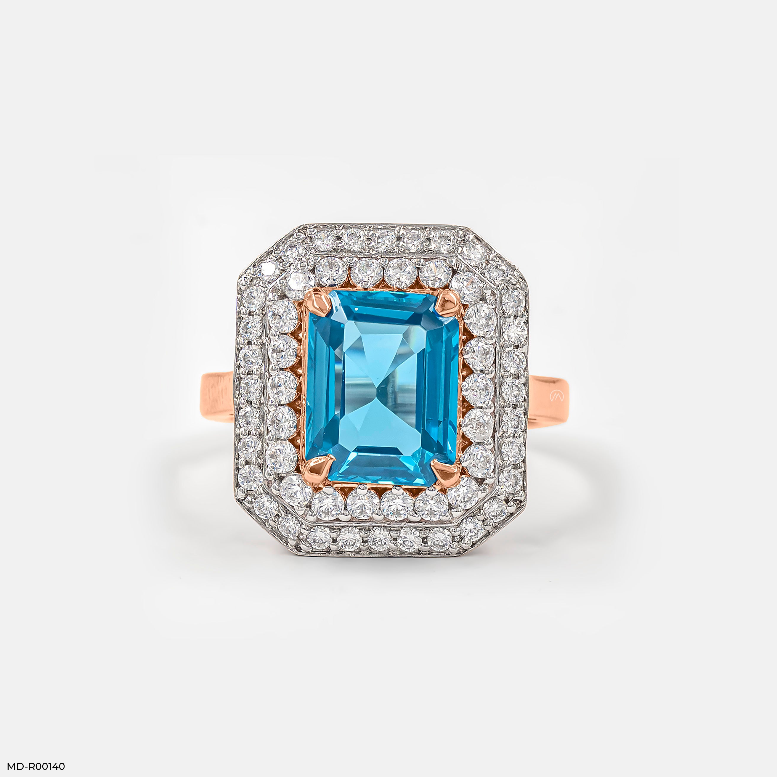 Emerald-Cut Swiss Blue Engagement Diamond Rings 14K Rose Gold
