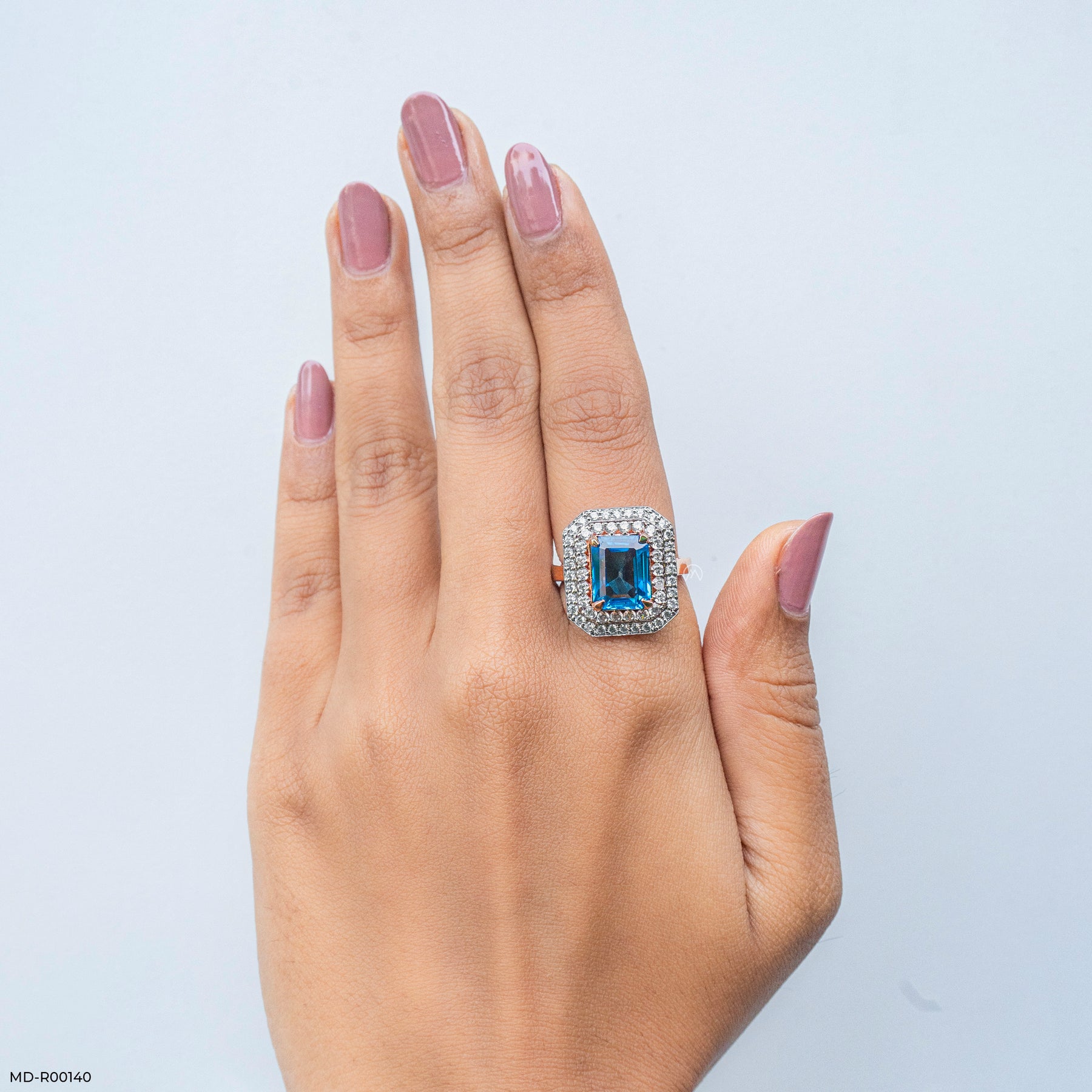 Emerald-Cut Swiss Blue Engagement Diamond Rings 18K Rose Gold