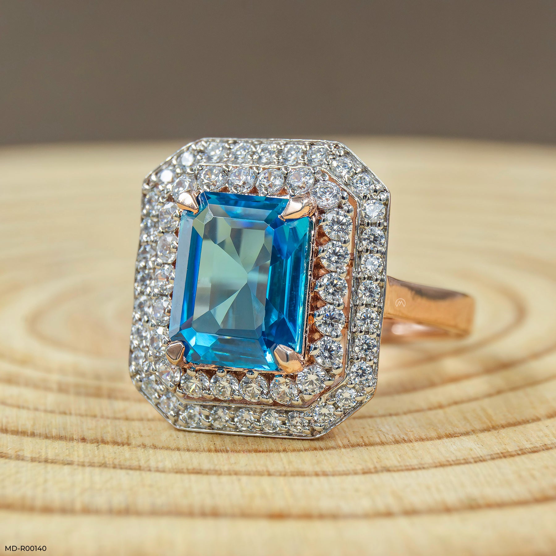 Emerald-Cut Swiss Blue Engagement Diamond Rings 18K Rose Gold