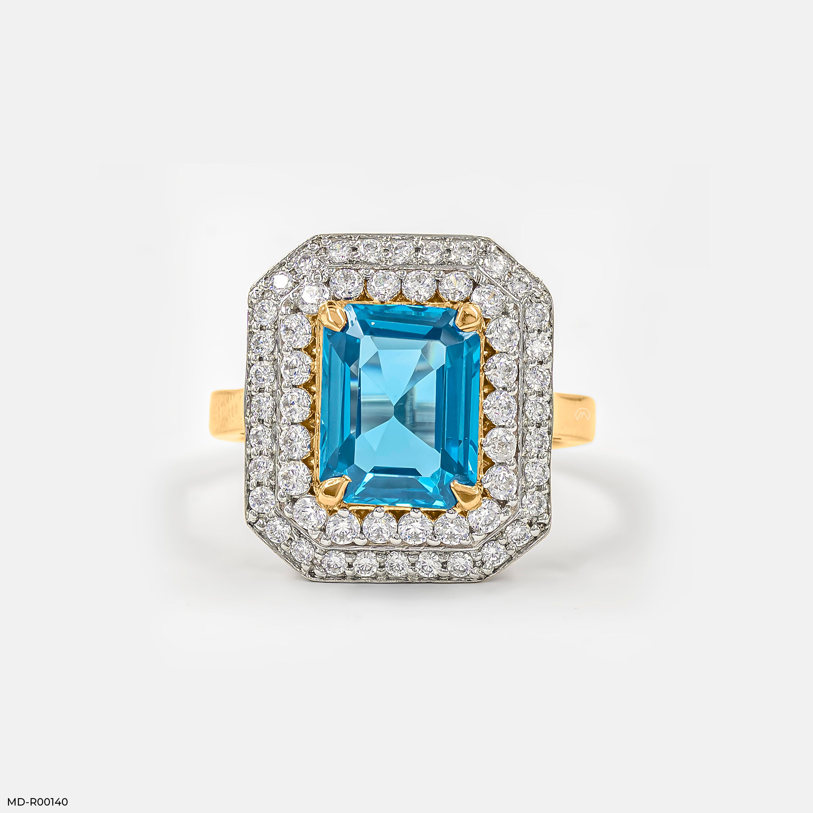 Emerald-Cut Swiss Blue Engagement Diamond Rings 18K Yellow Gold