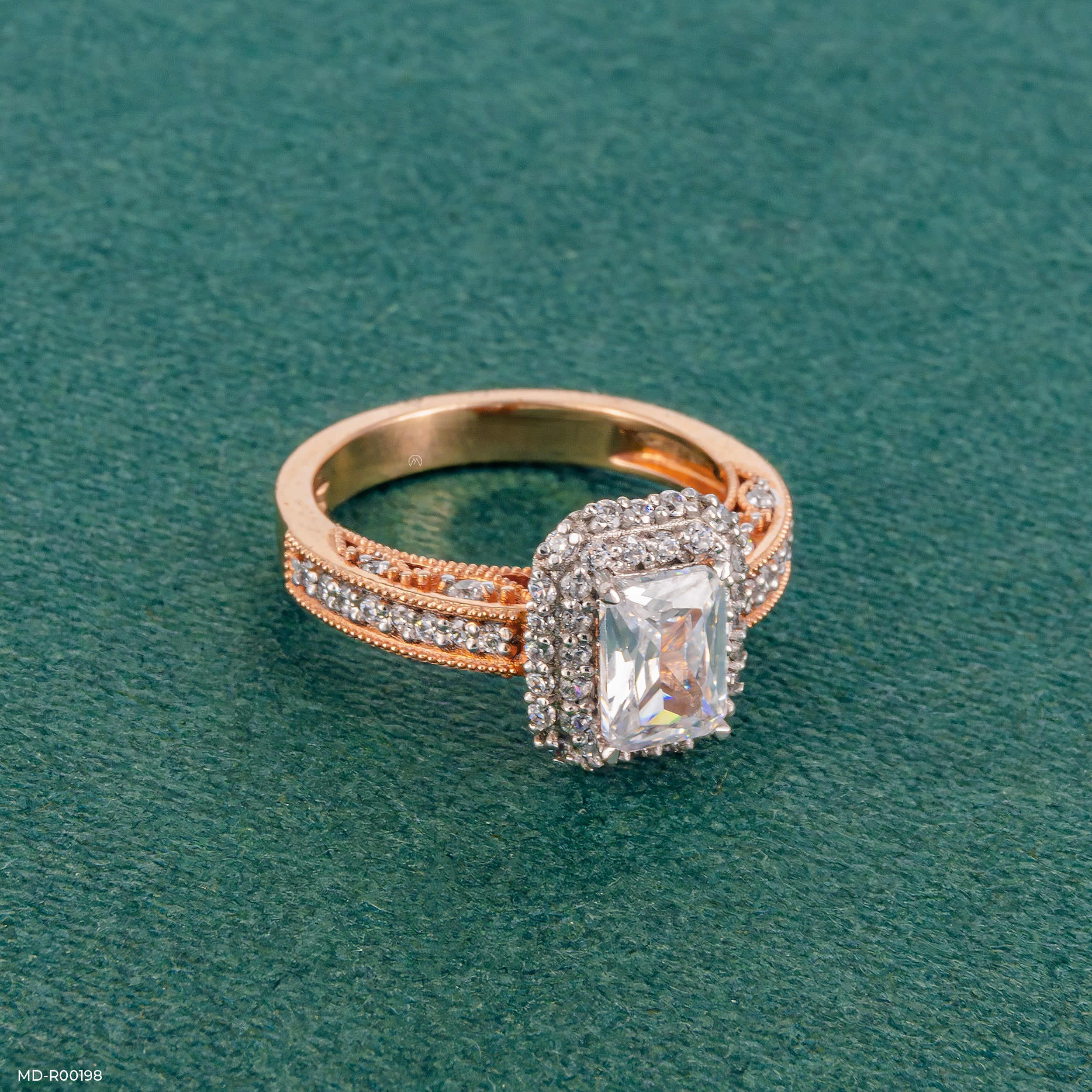 1.5 Carat Emerald Cut Solitaire Double Halo Ring 9K Rose Gold