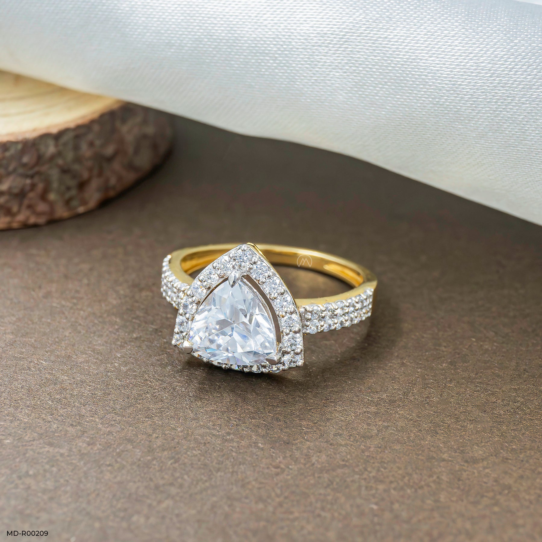 1.5 Carat Triangular Brilliant Cut Halo Ring 14K Yellow Gold