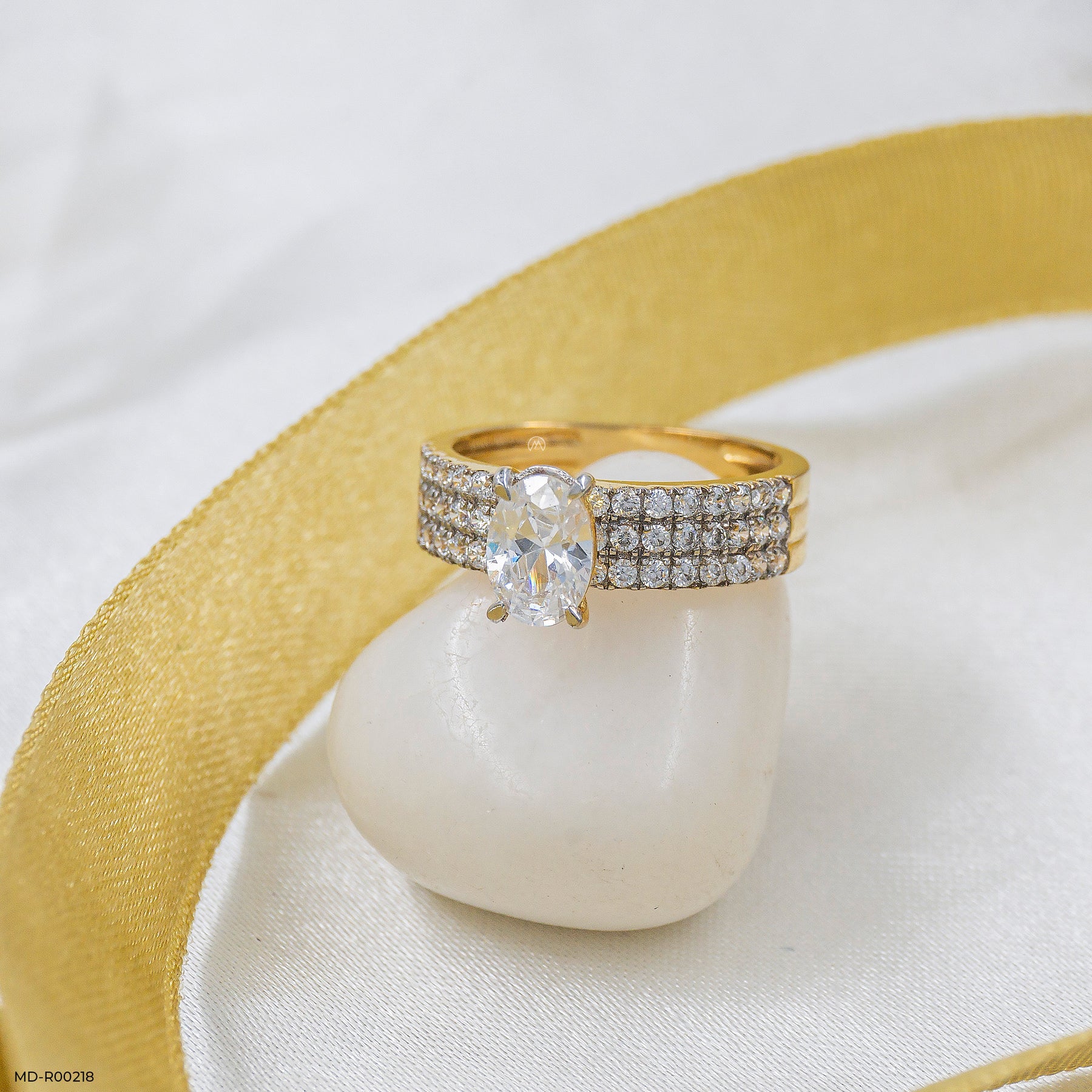 Three-Row Pave Oval Ring 14K Yellow Gold