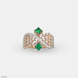 Criss Cross Green Stone Diamond Ring 14K White Gold