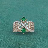 Criss Cross Green Stone Diamond Ring 14K White Gold