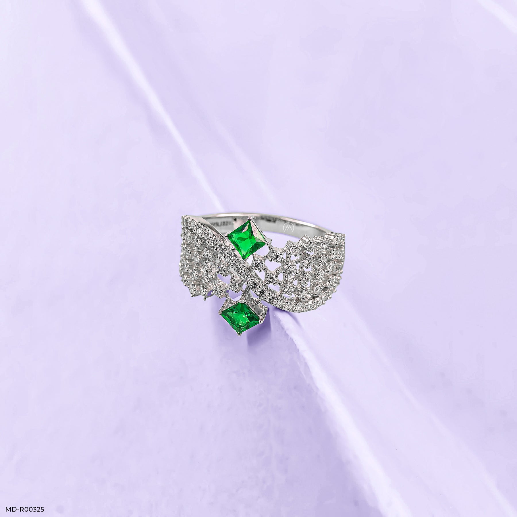 0.5 Carat Criss Cross Green Stone Lab Diamond Ring 14K White Gold