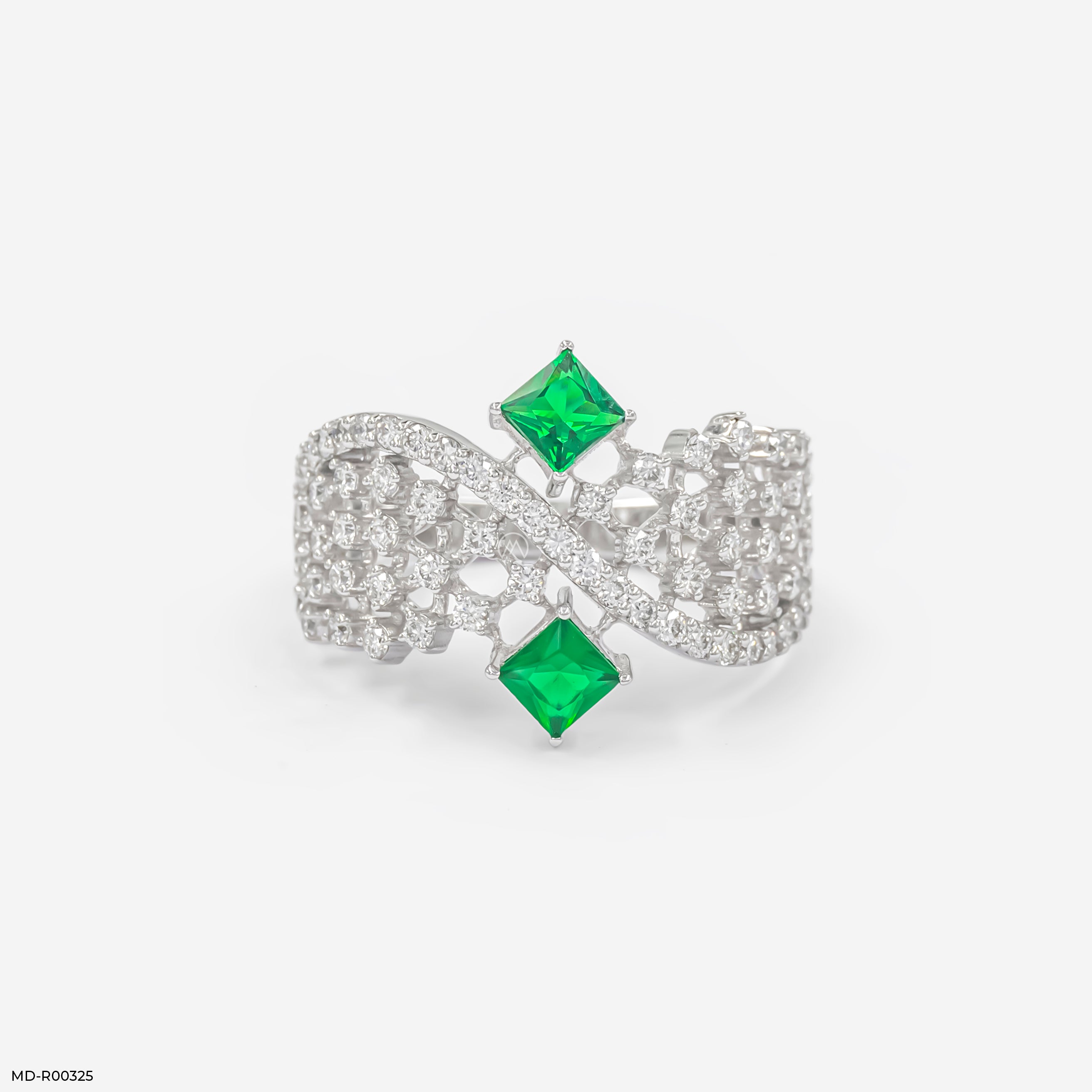 0.5 Carat Criss Cross Green Stone Lab Diamond Ring 14K White Gold
