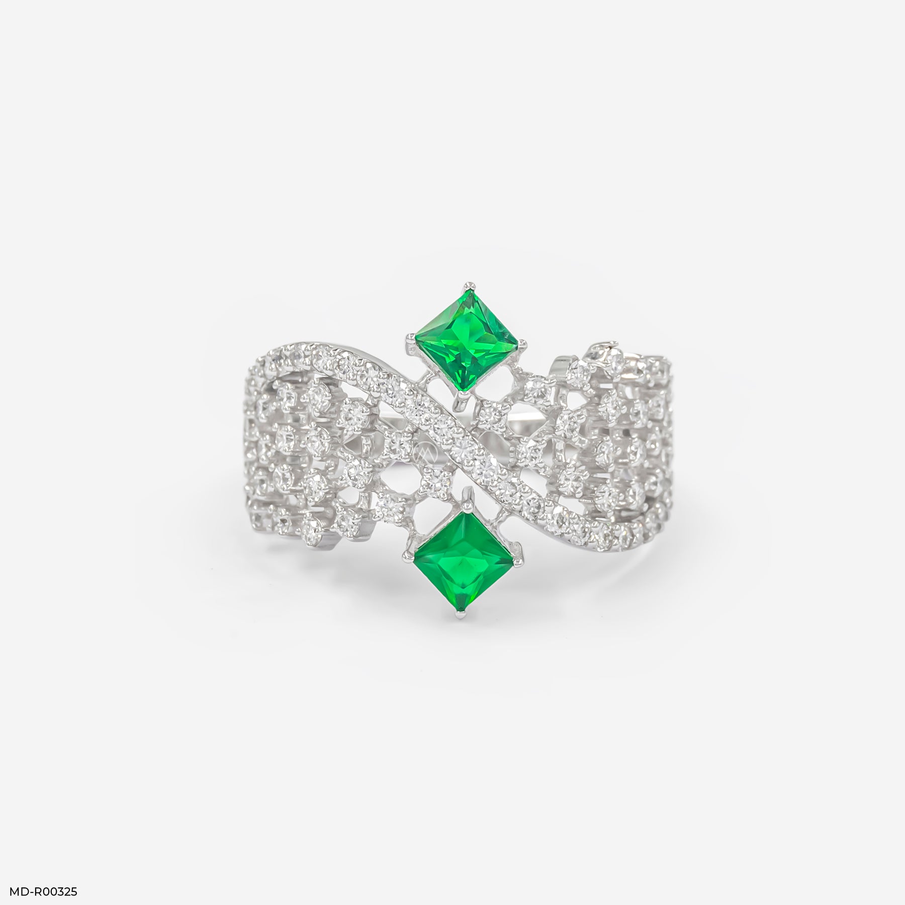 0.5 Carat Criss Cross Green Stone Lab Diamond Ring 14K White Gold