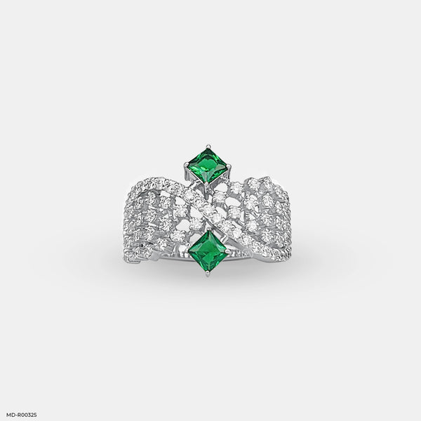 Criss Cross Green Stone Diamond Ring 14K White Gold