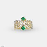 Criss Cross Green Stone Diamond Ring 14K White Gold