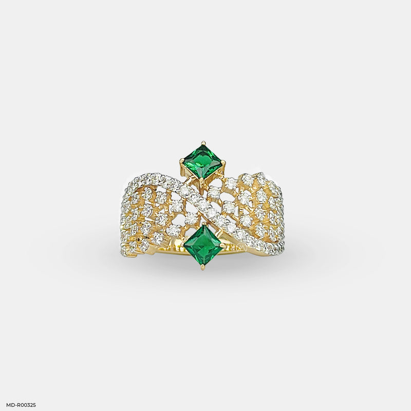 Criss Cross Green Stone Diamond Ring 14K White Gold