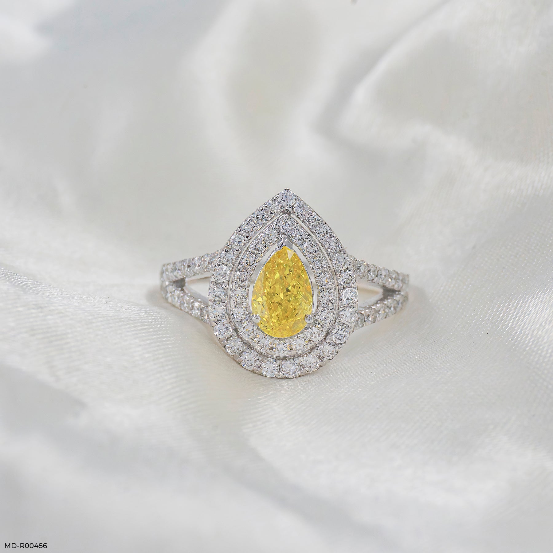 1.5 Carat Canary Teardrop Split-Shank Lab Diamond Ring 14K White Gold