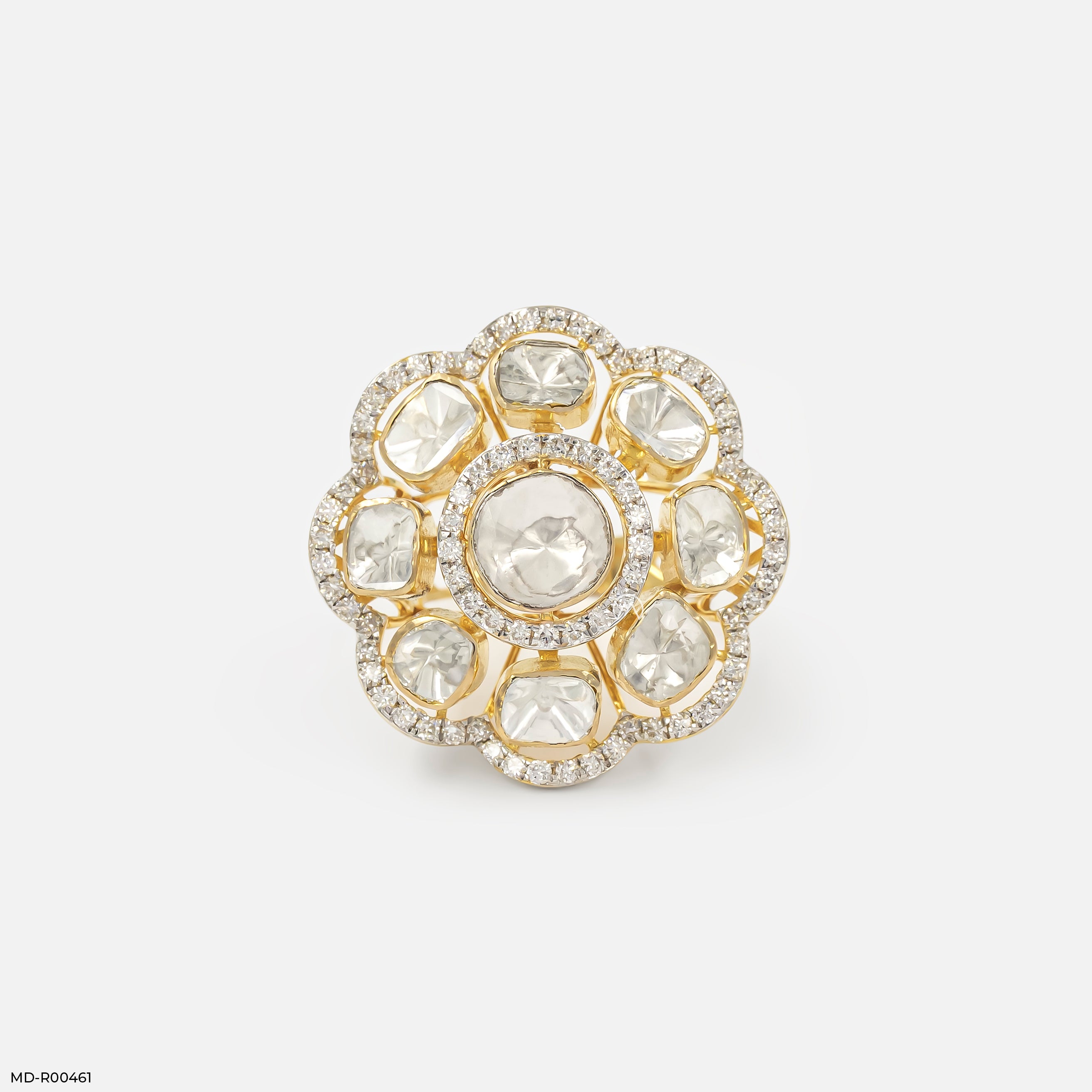1 Carat Eight-Petal Polki Lab Diamond Halo Ring 14K Yellow Gold