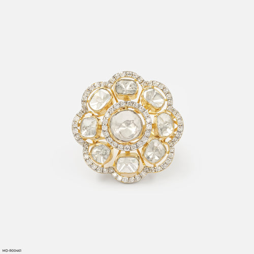 1 Carat Eight-Petal Polki Lab Diamond Halo Ring 14K Yellow Gold