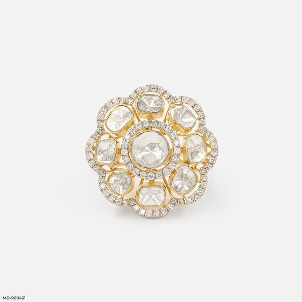 1 Carat Eight-Petal Polki Lab Diamond Halo Ring 14K Yellow Gold