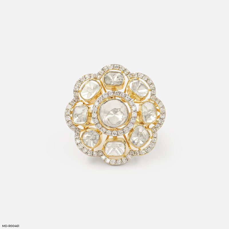 1 Carat Eight-Petal Polki Lab Diamond Halo Ring 14K Yellow Gold