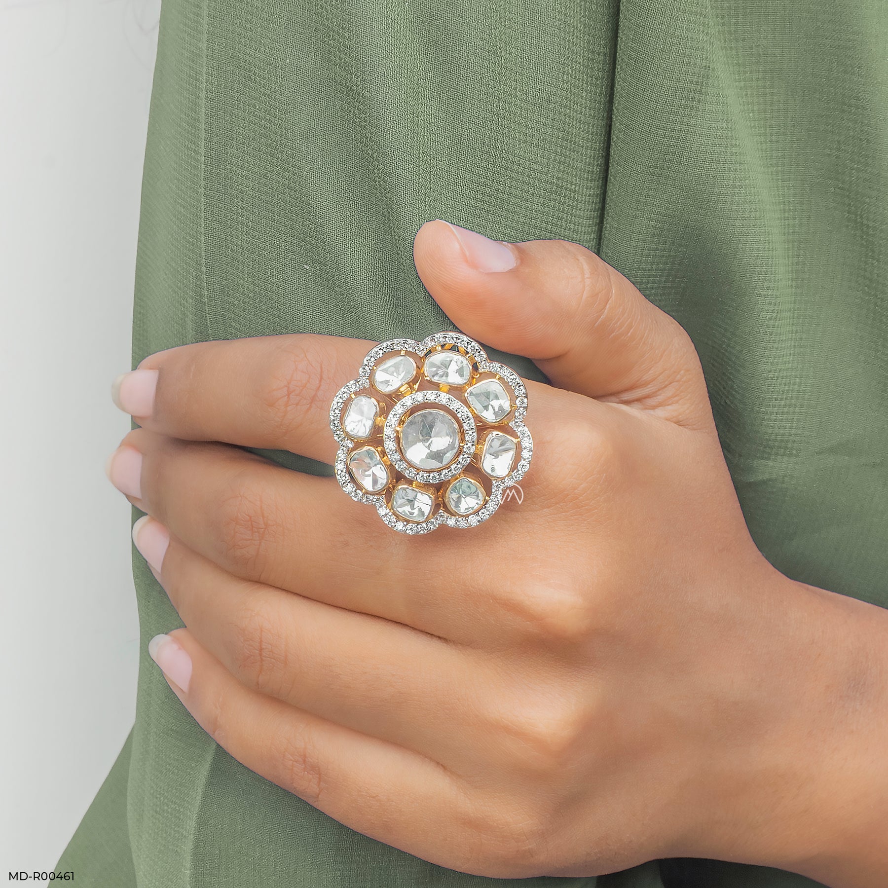 1 Carat Eight-Petal Polki Lab Diamond Halo Ring 14K Yellow Gold