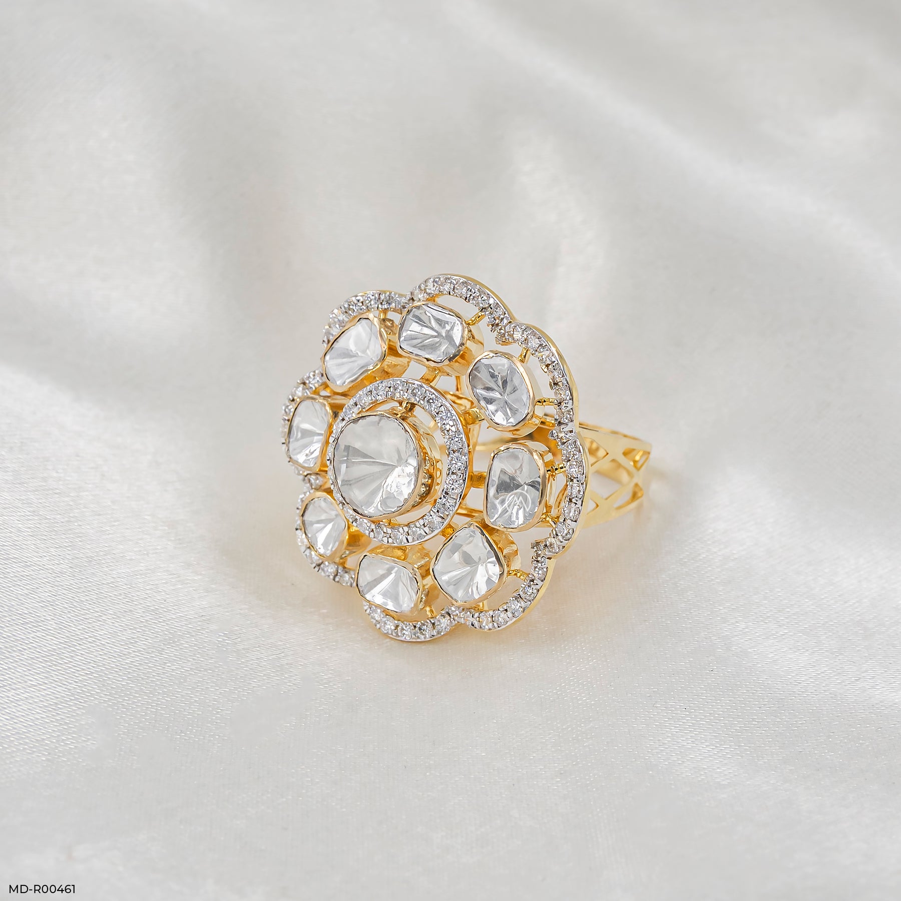 1 Carat Eight-Petal Polki Lab Diamond Halo Ring 14K Yellow Gold