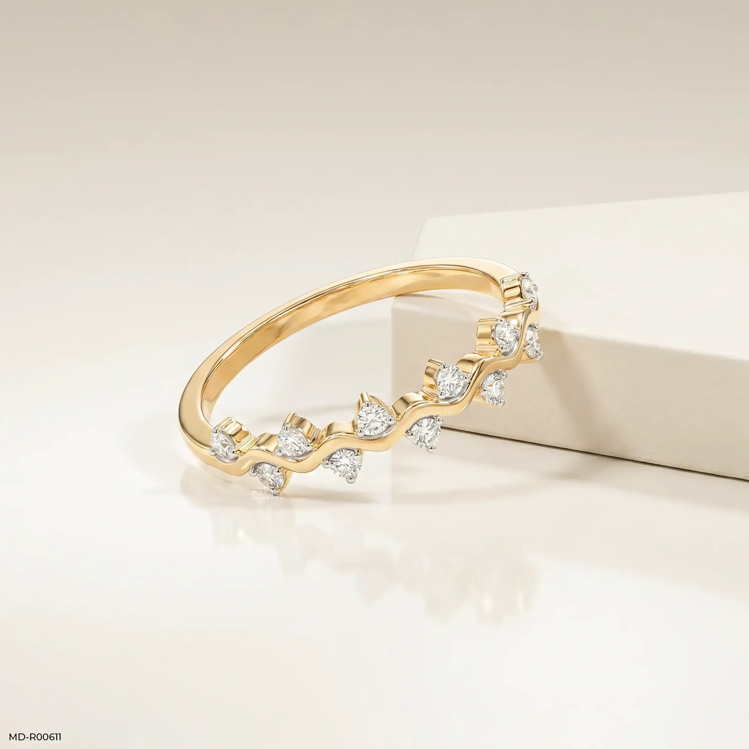 0.20 Carat Shiny Wave Round Diamond Ring 14K Yellow Gold