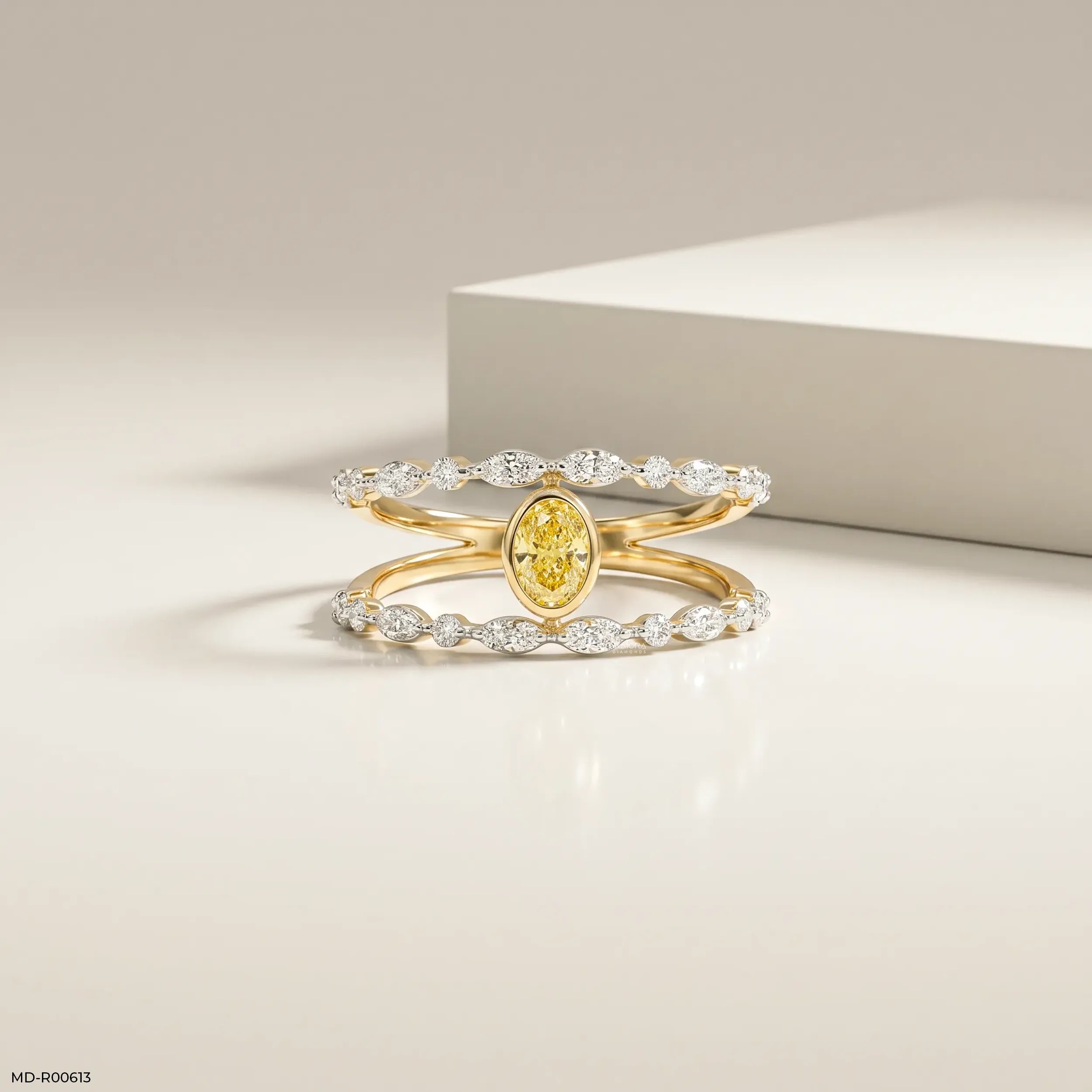 0.60 Carat Nova liner Oval Yellow Color Diamond Ring 9K Yellow Gold