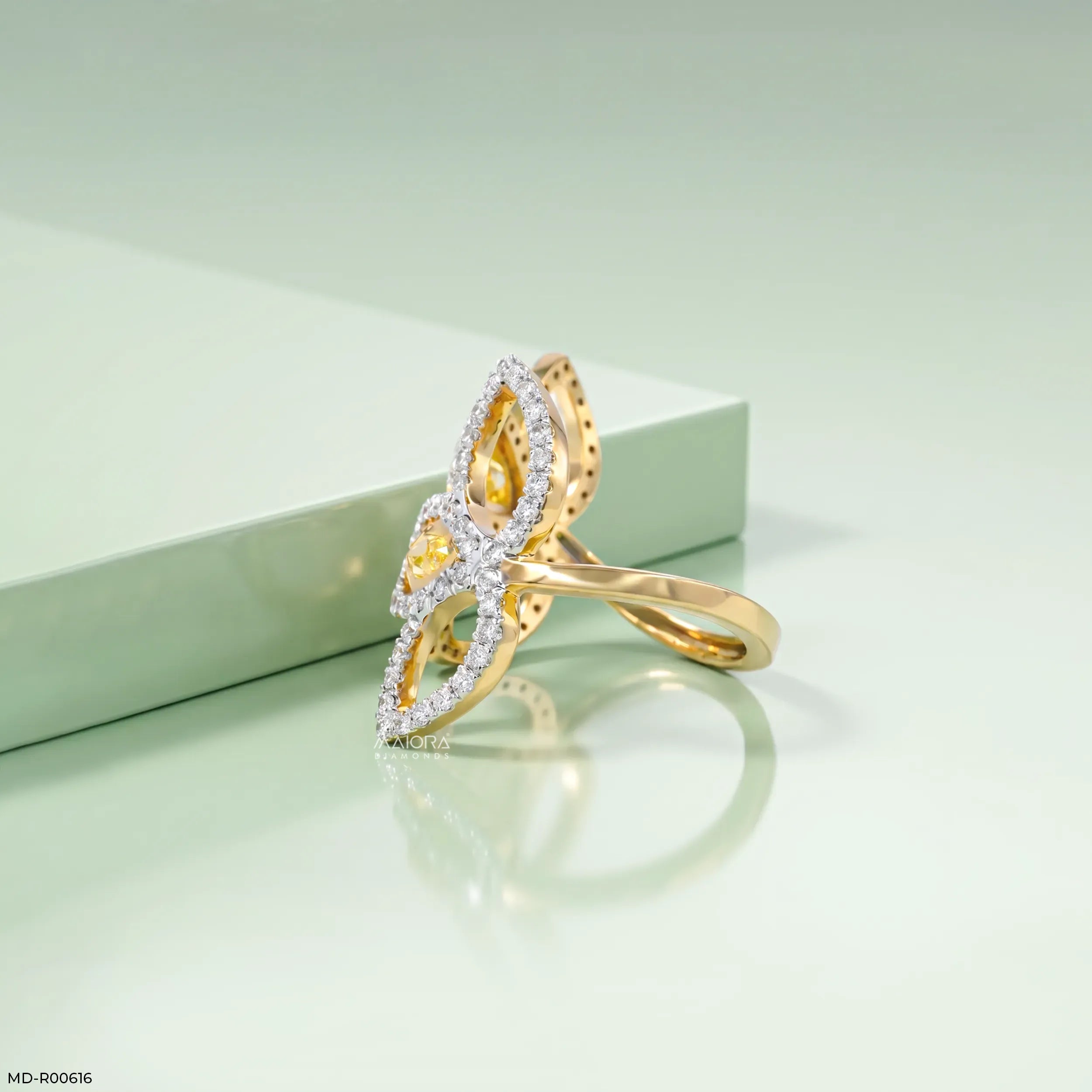 0.95 Carat Nova liner Oval Yellow Color Diamond Ring 9K Yellow Gold
