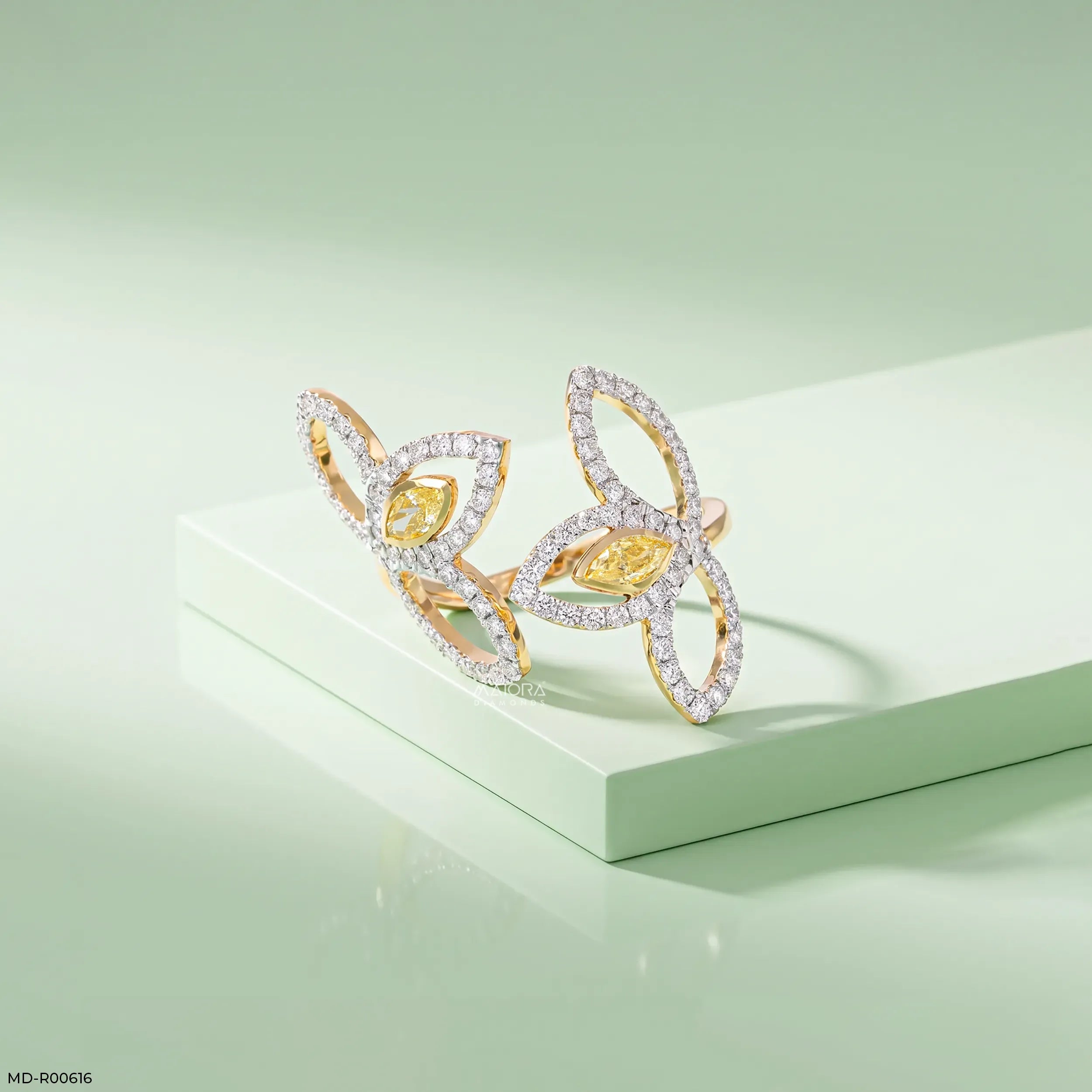 0.95 Carat Nova liner Oval Yellow Color Diamond Ring 9K Yellow Gold