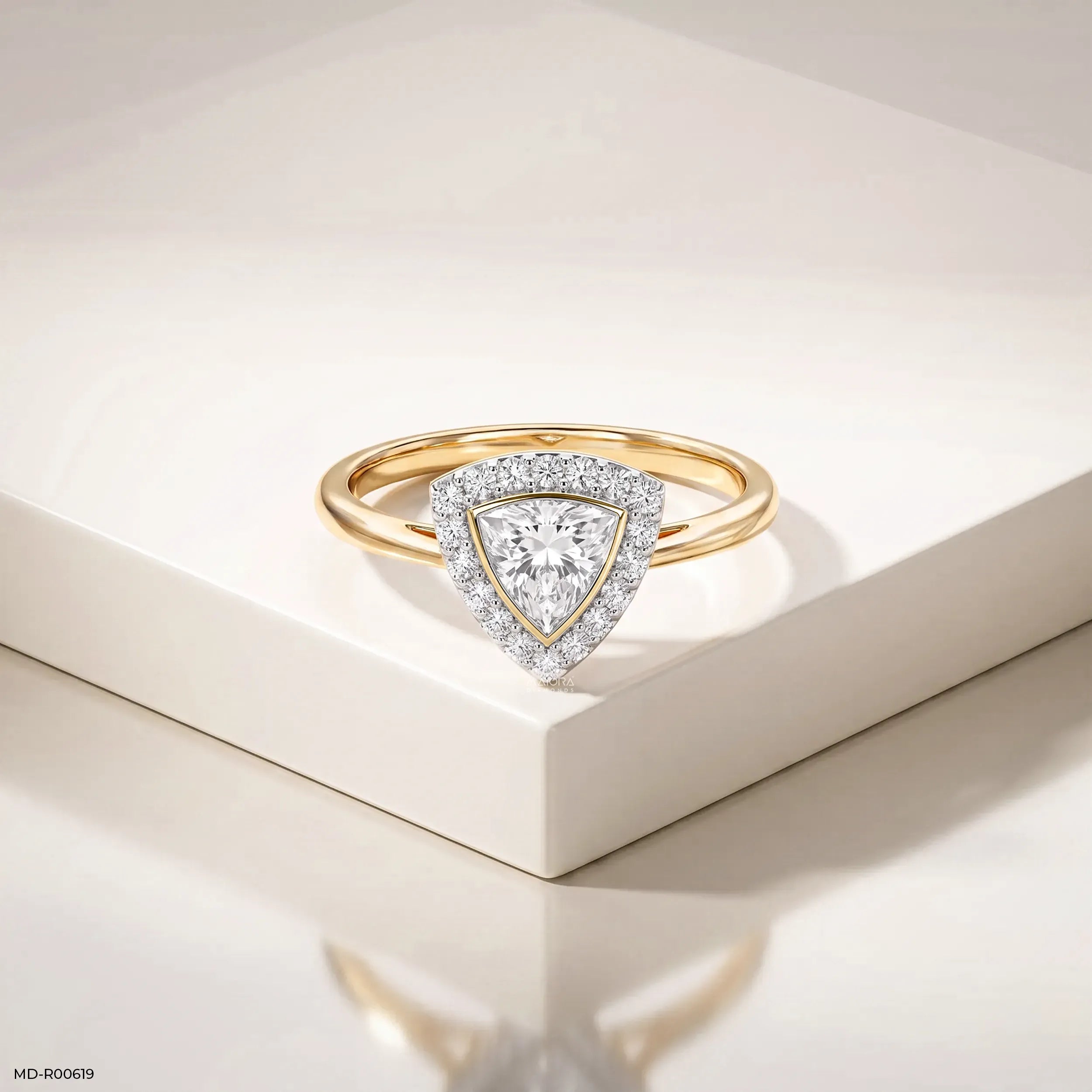0.75 Carat Sparkling Trilion Halo Solitaire Diamond Ring 14K Yellow Gold