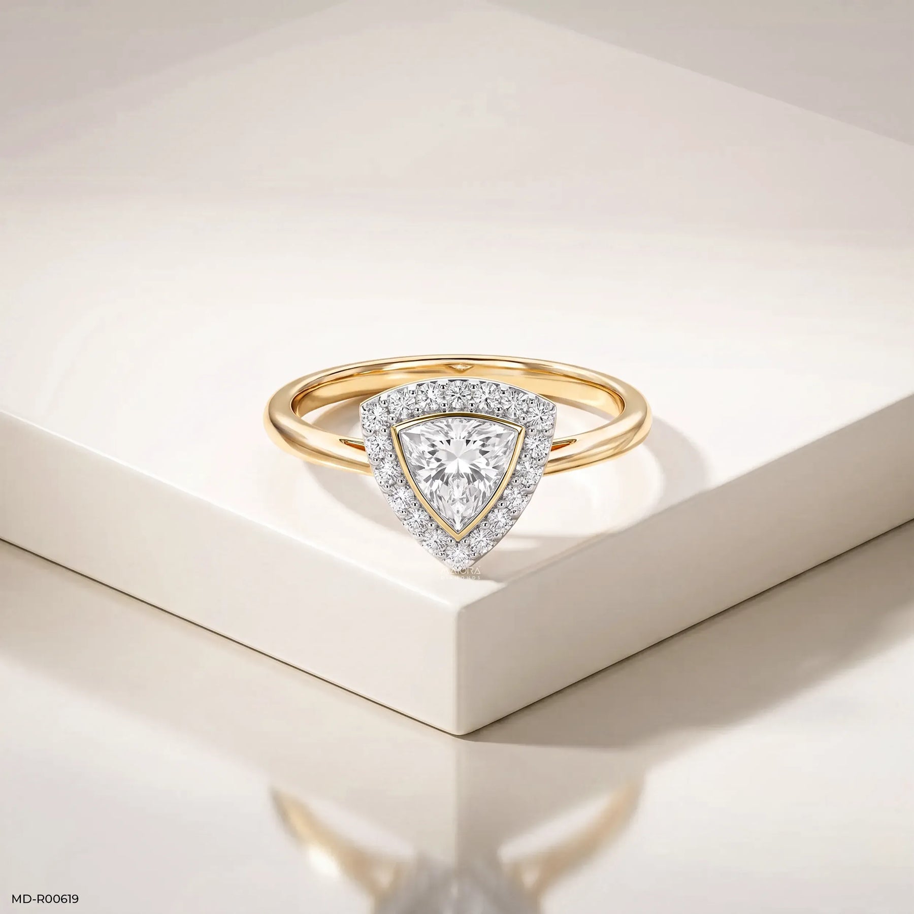 0.75 Carat Sparkling Trilion Halo Solitaire Diamond Ring 14K Yellow Gold