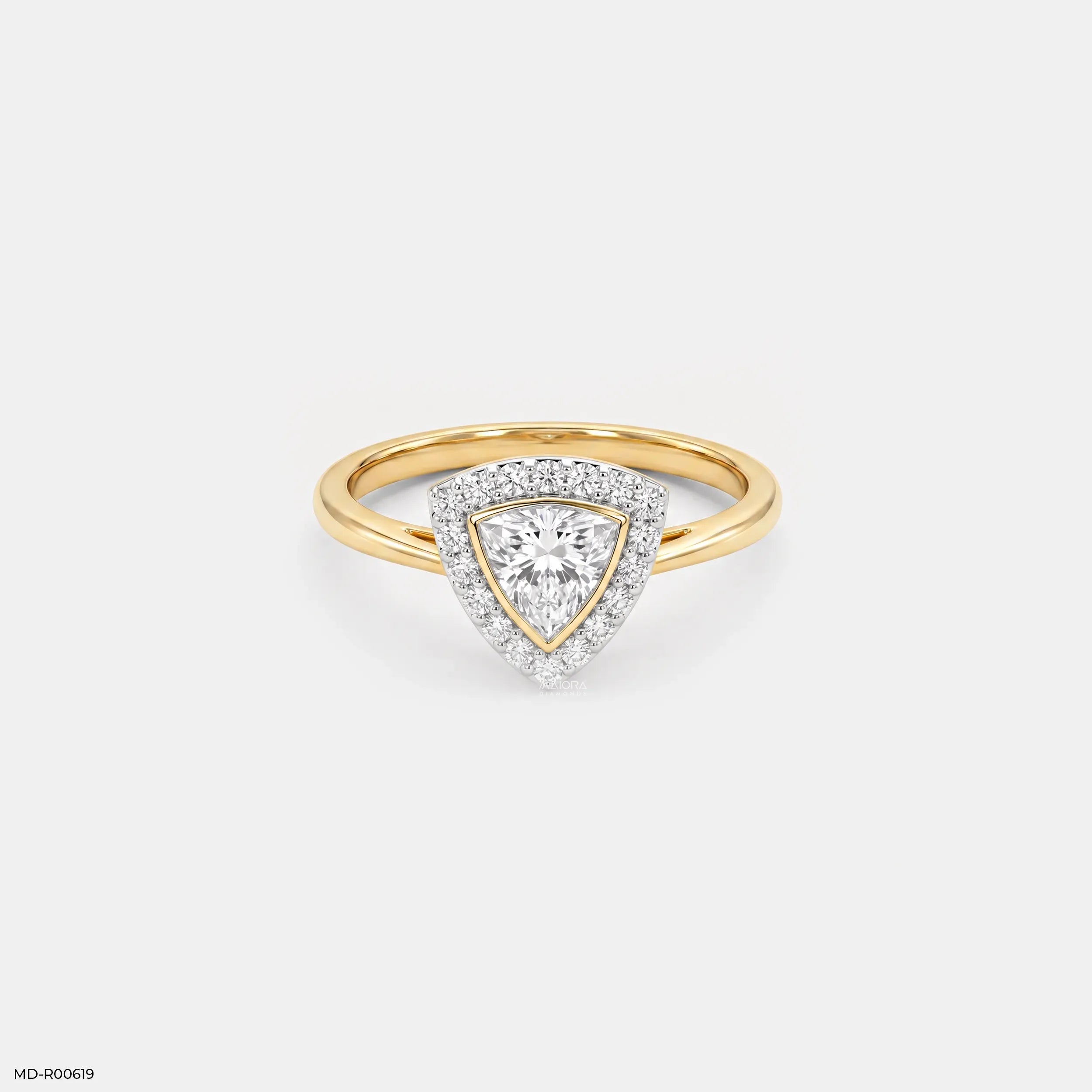 0.75 Carat Sparkling Trilion Halo Solitaire Diamond Ring 14K Yellow Gold