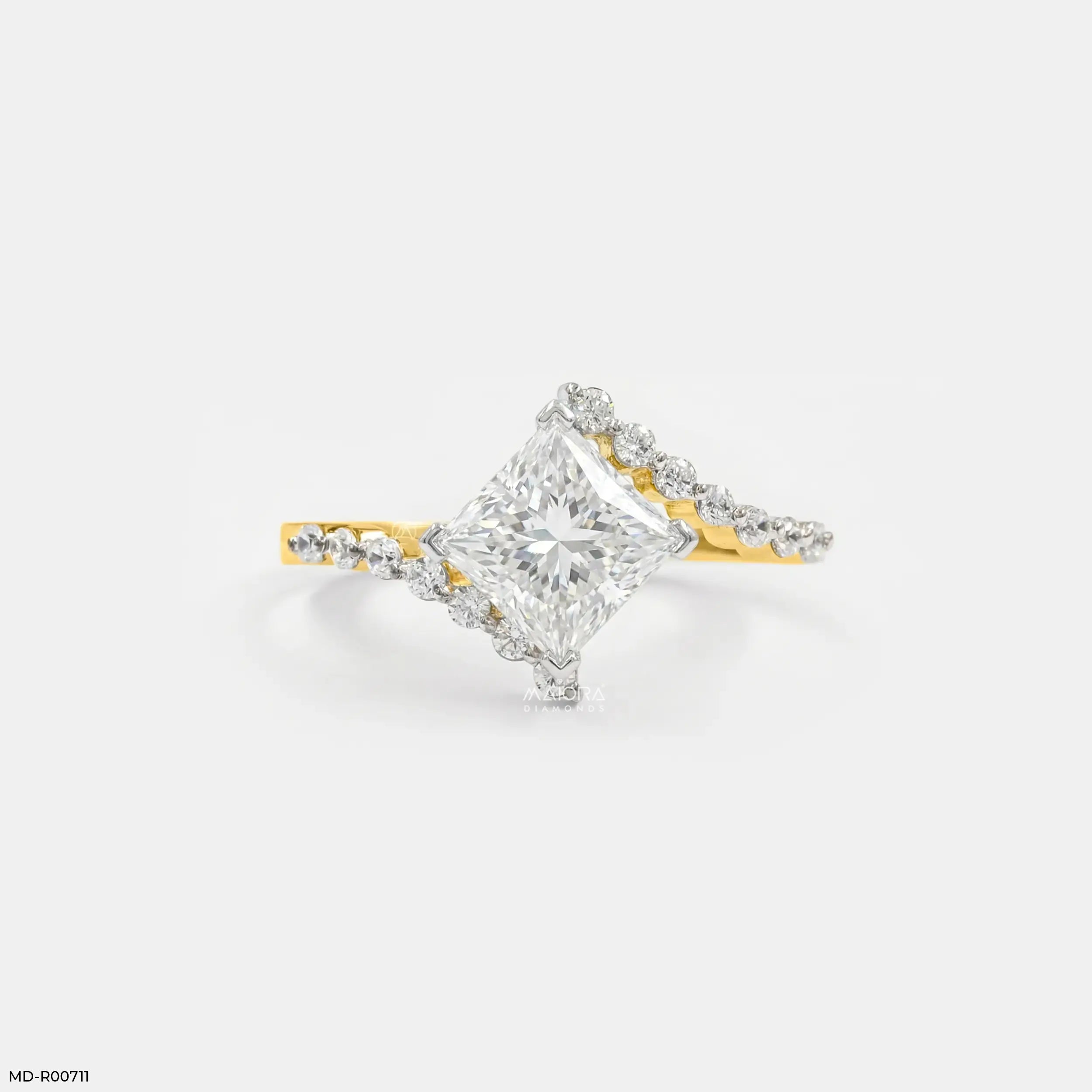 Sqaure Bypass Solitaire Diamond Ring 18K Yellow Gold