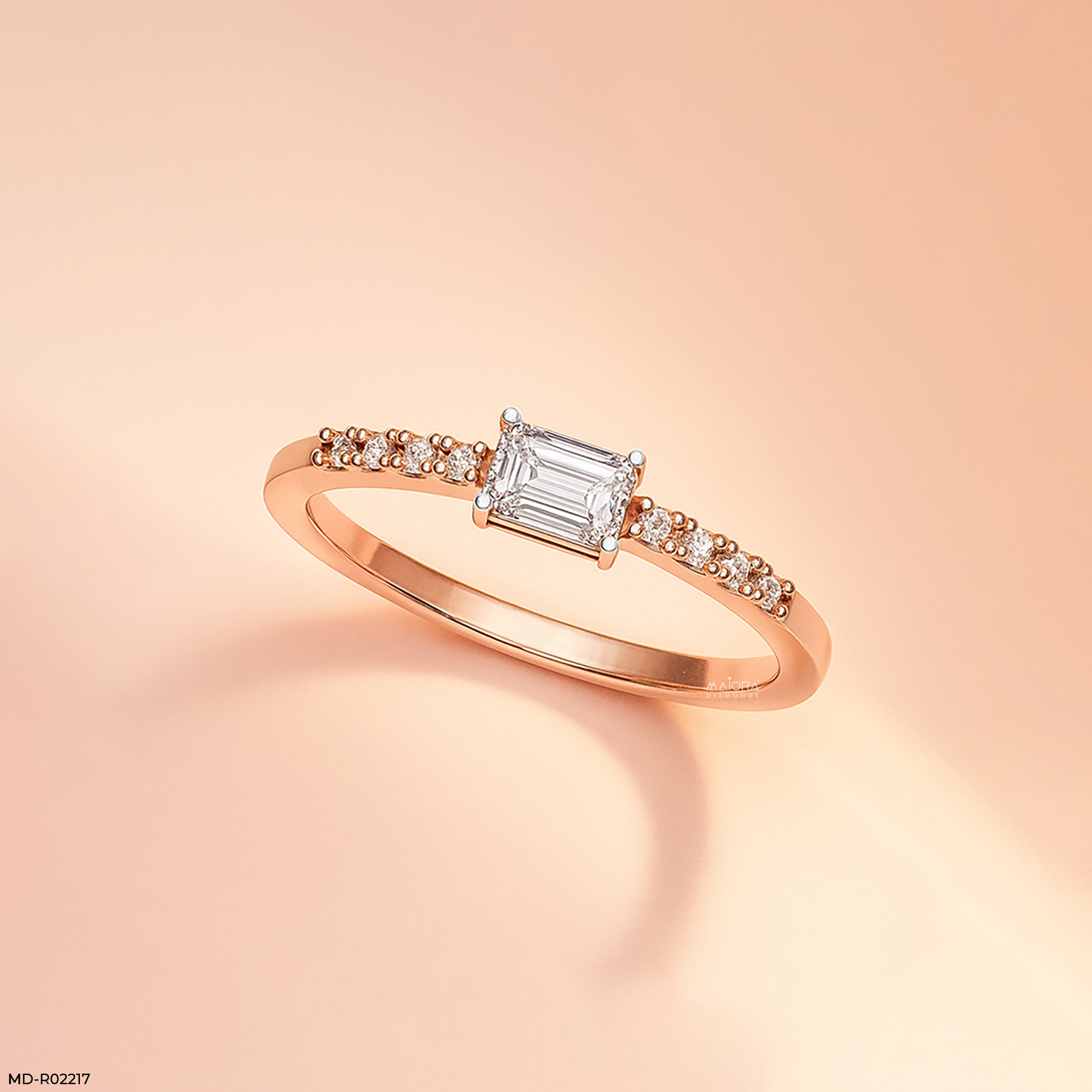 Solitaire Emerald Pave Band Ring 14K Rose Gold