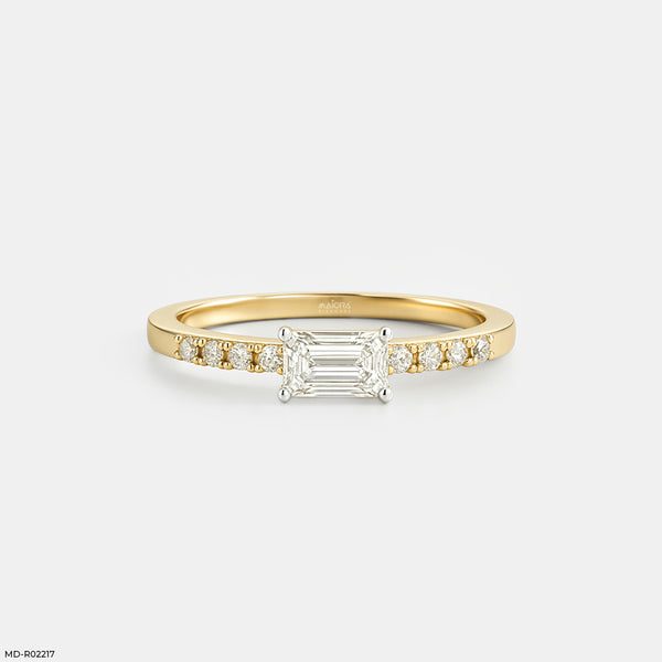 Solitaire Emerald Pave Band Ring 14K Yellow Gold