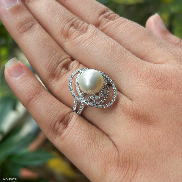 The Pearl and Diamond Orbital Ring 14K White Gold