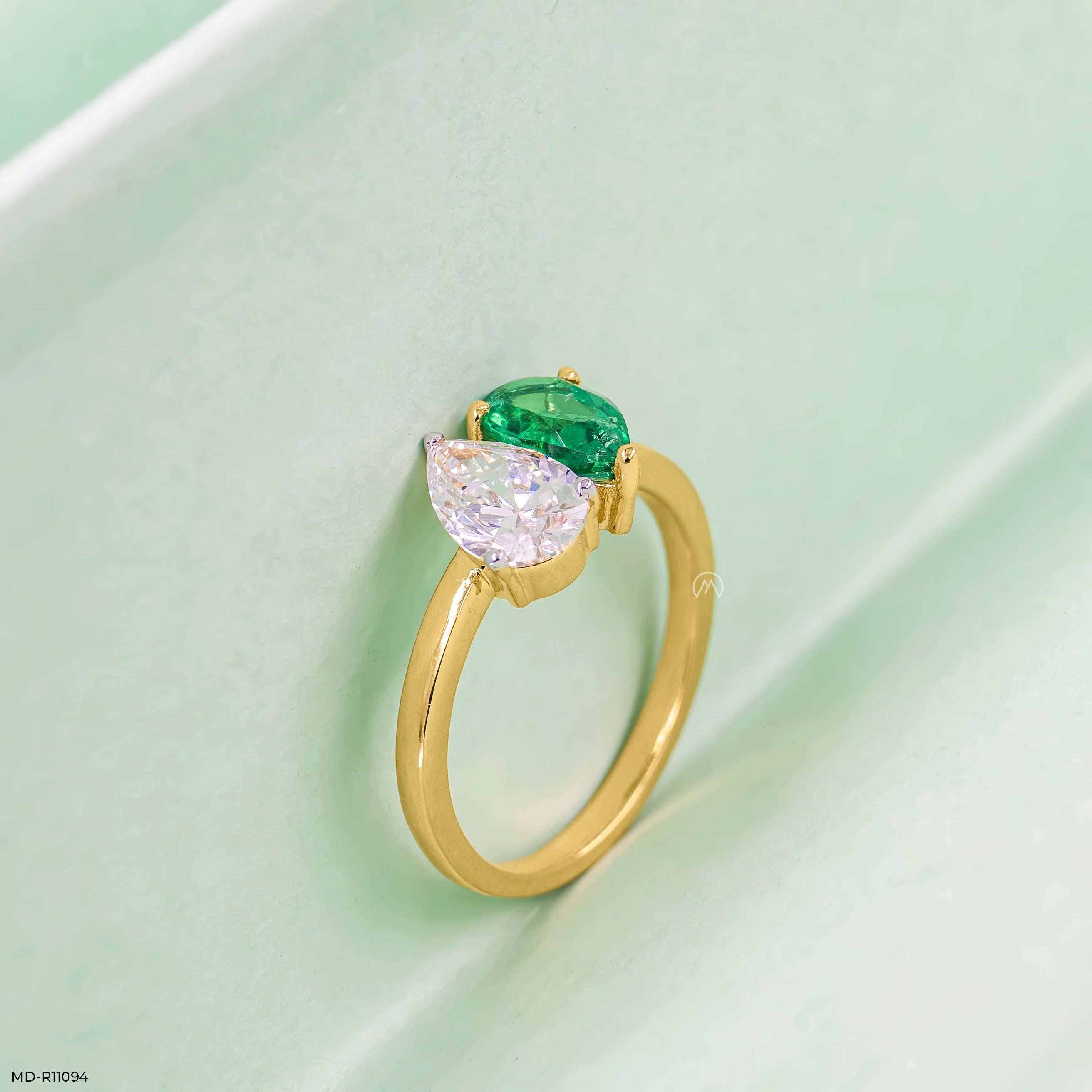 Toi Et Moi Solitaire Emerald Diamond Ring 9K Yellow Gold