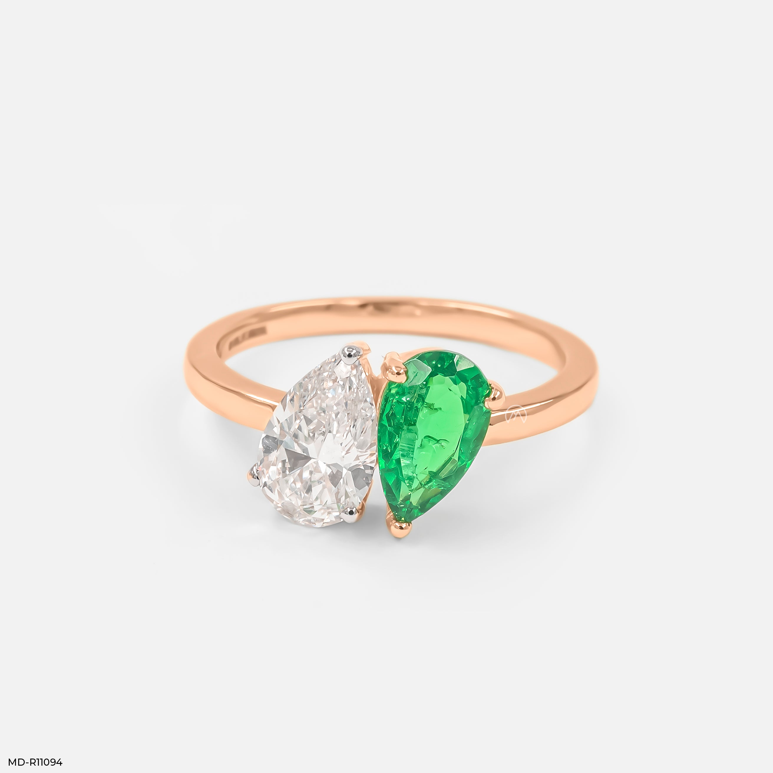 Toi Et Moi Solitaire Emerald Diamond Ring 9K Yellow Gold