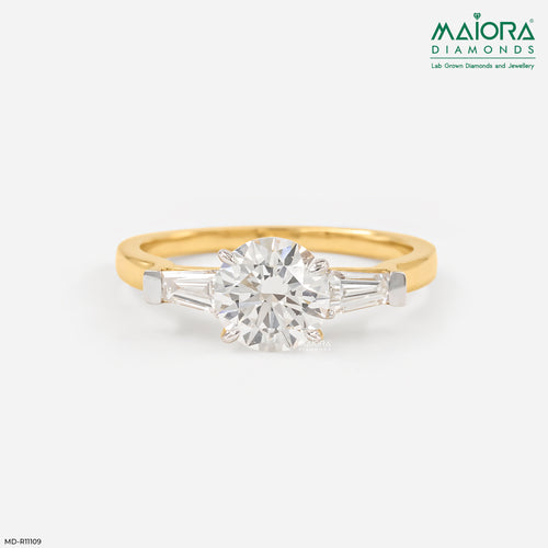 1.35 Carat Classic Trilogy Round and Tapered Baguette Ring 14K Yellow Gold