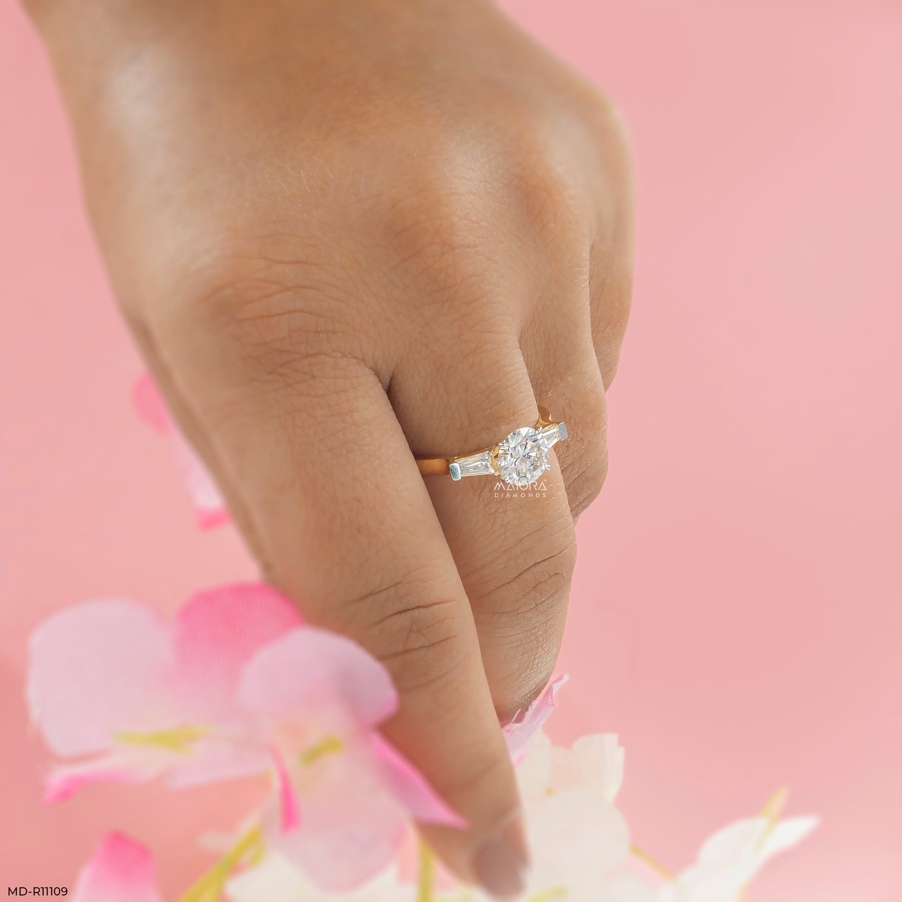 1.35 Carat Classic Trilogy Round and Tapered Baguette Ring 14K Yellow Gold