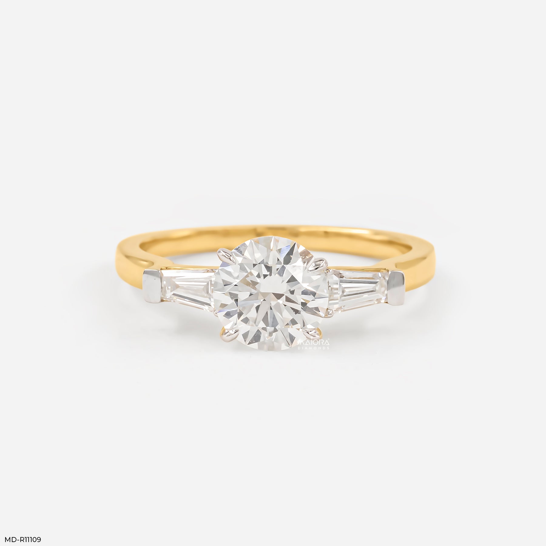 1.35 Carat Classic Trilogy Round and Tapered Baguette Ring 14K Yellow Gold