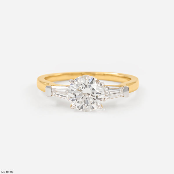 1.35 Carat Classic Trilogy Round and Tapered Baguette Ring 14K Yellow Gold